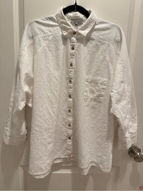 Cotton Linen Oversized Button Up Raglan Shirt Pocket M/L Relaxed Preppy Style